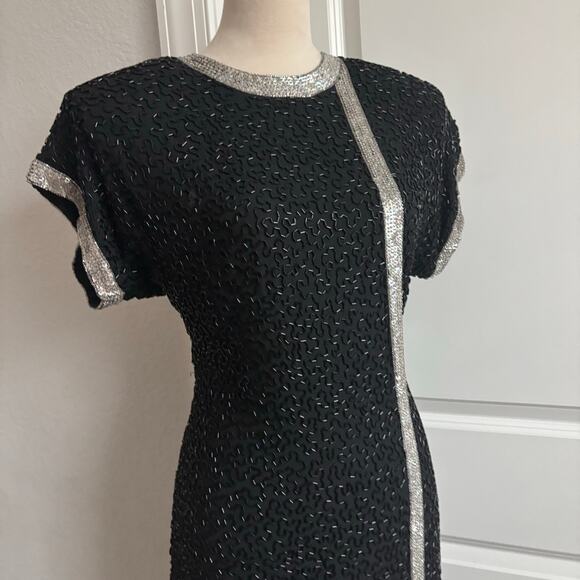 VTG 80s Saks Fifth Avenue Black Silk Beaded Nights Cocktail Bow Dress S Holiday - Picture 2 of 14
